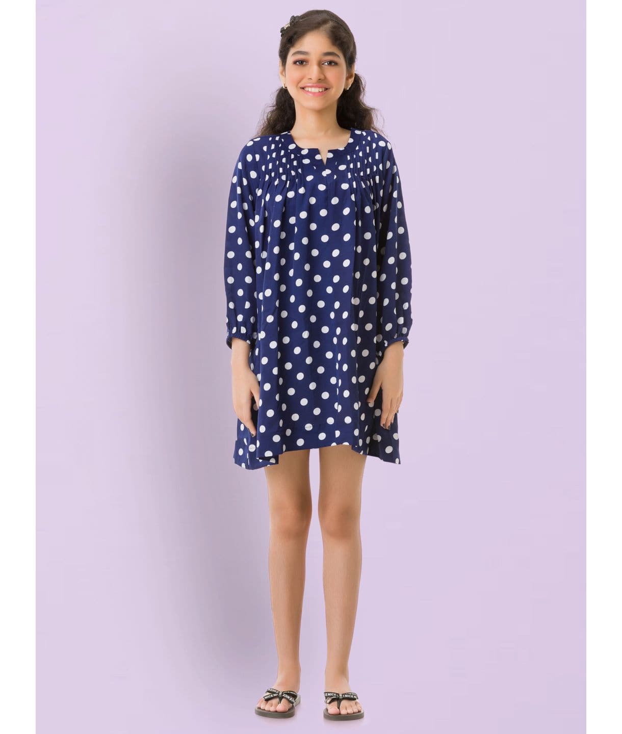 Polka Printed Cotton 3/4th Sleeves Dress for Girls - Uptownie