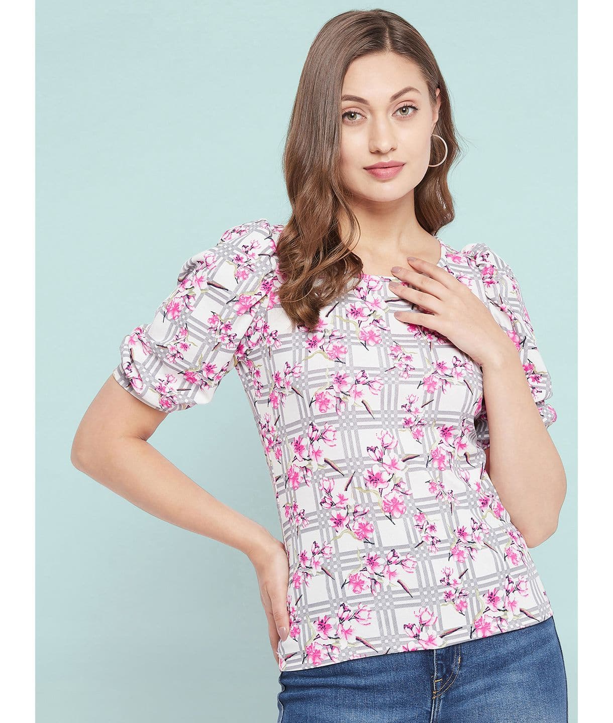 Plus Cotton Floral Stretchable Puff Sleeve Top - Uptownie