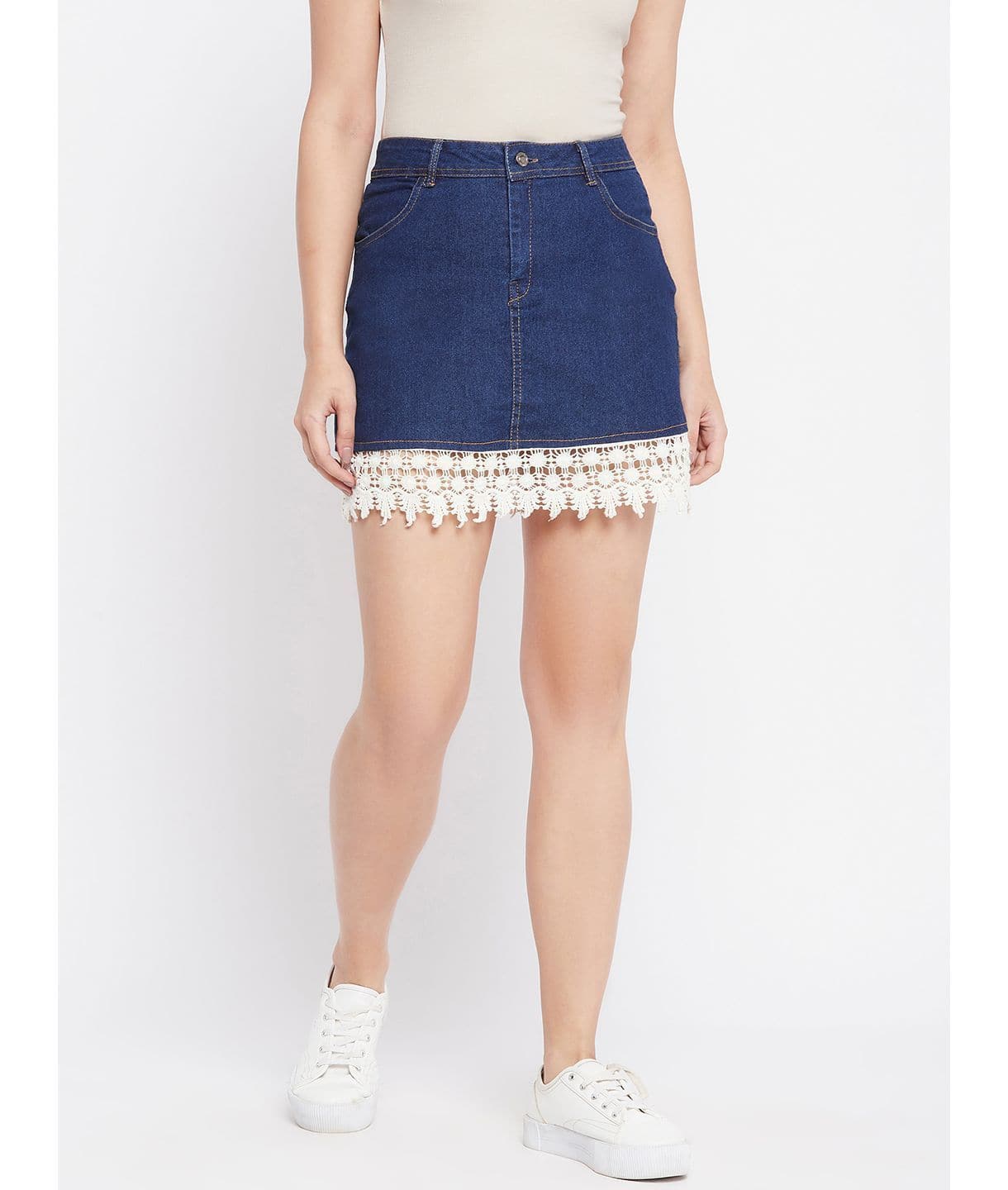 Stretchable Knee length Lace Denim Skirt - Uptownie