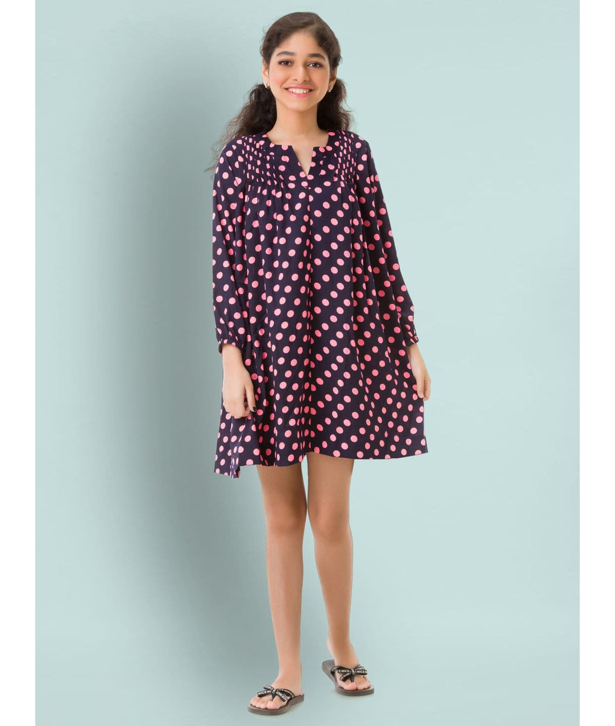 Polka Printed Cotton 3/4th Sleeves Dress for Girls - Uptownie