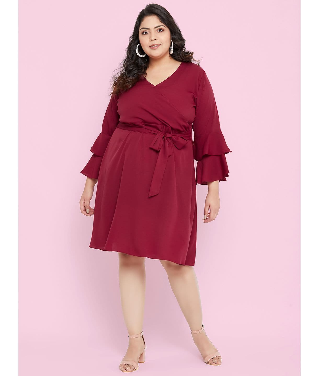 Plus Solid Red Ruffle Skater Dress - Uptownie