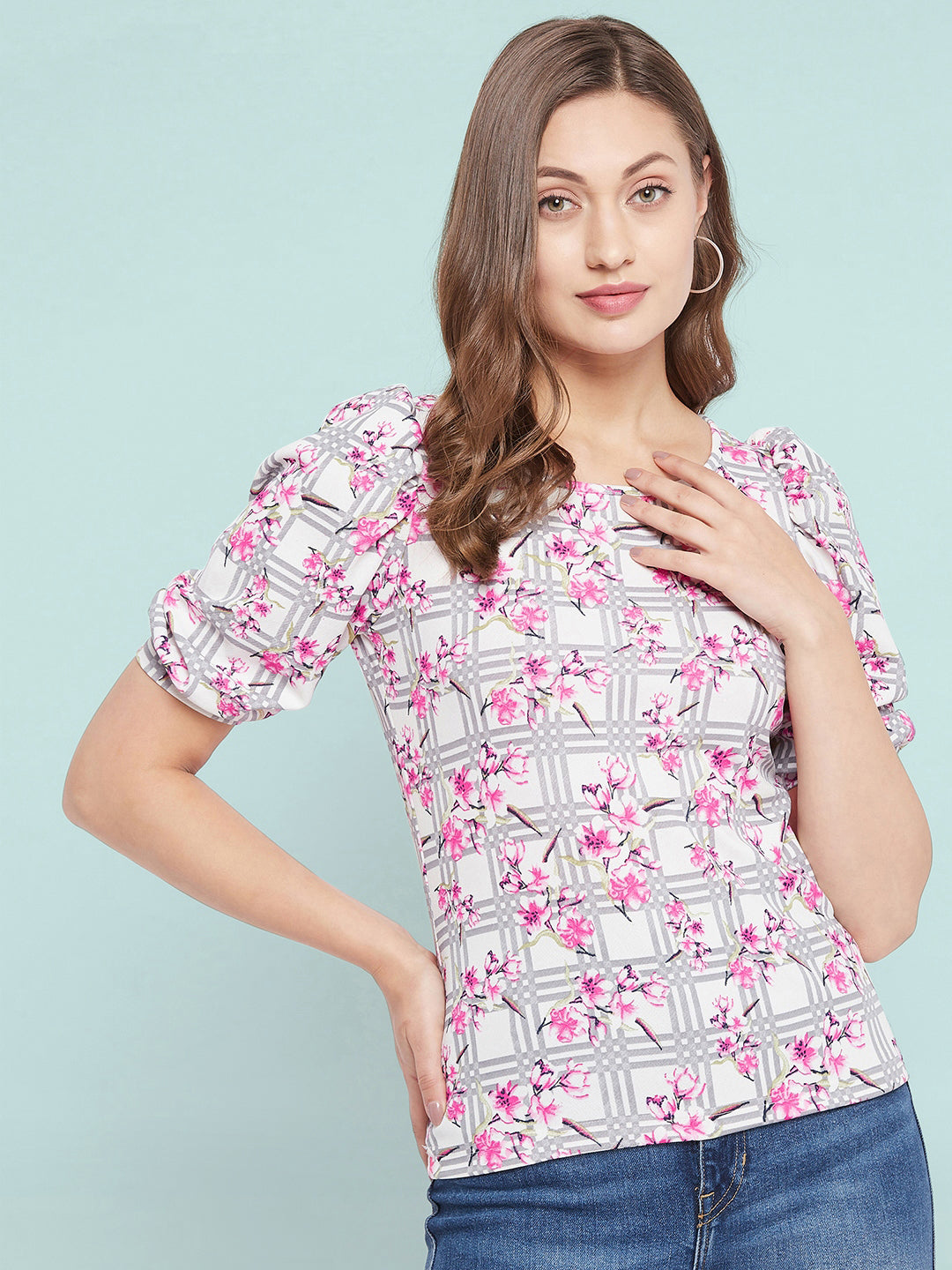 Cotton Floral Stretchable Puff Sleeve Top - Uptownie