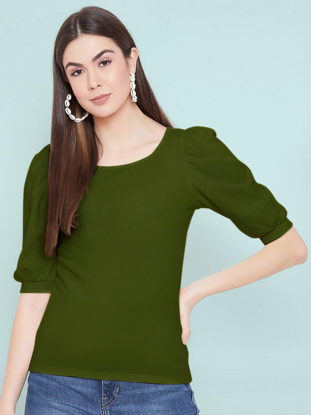 Cotton Solid Stretchable Round Neck Puff Sleeve Top - Uptownie
