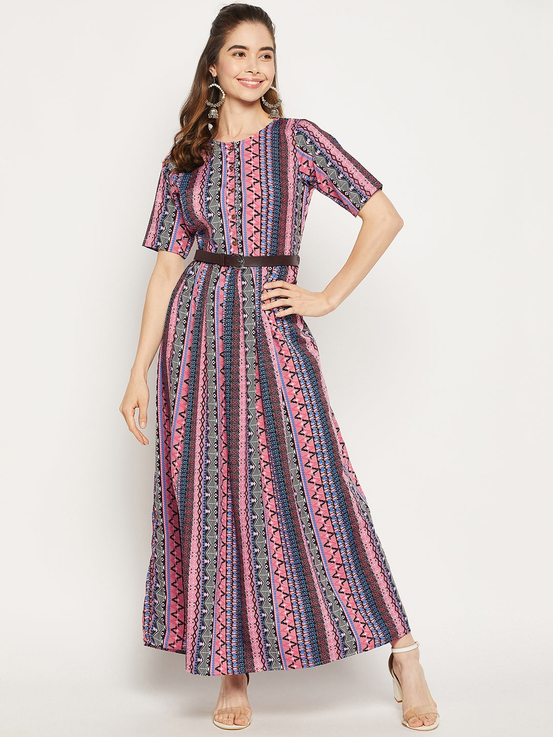 Printed Maxi Dress with Belt - Uptownie