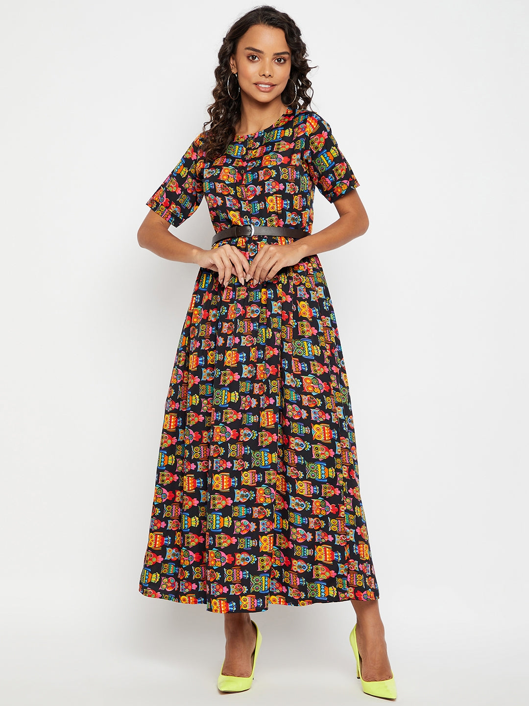 Printed Maxi Dress with Belt - Uptownie