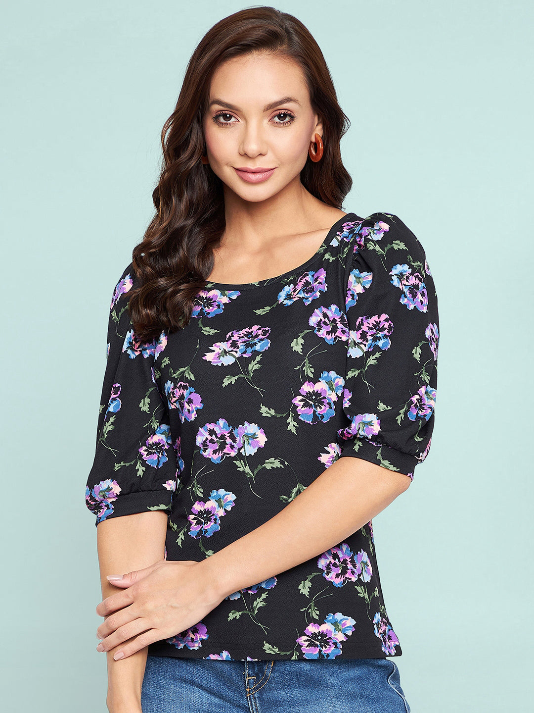 Cotton Floral Printed Stretchable Puff Sleeve Top - Uptownie