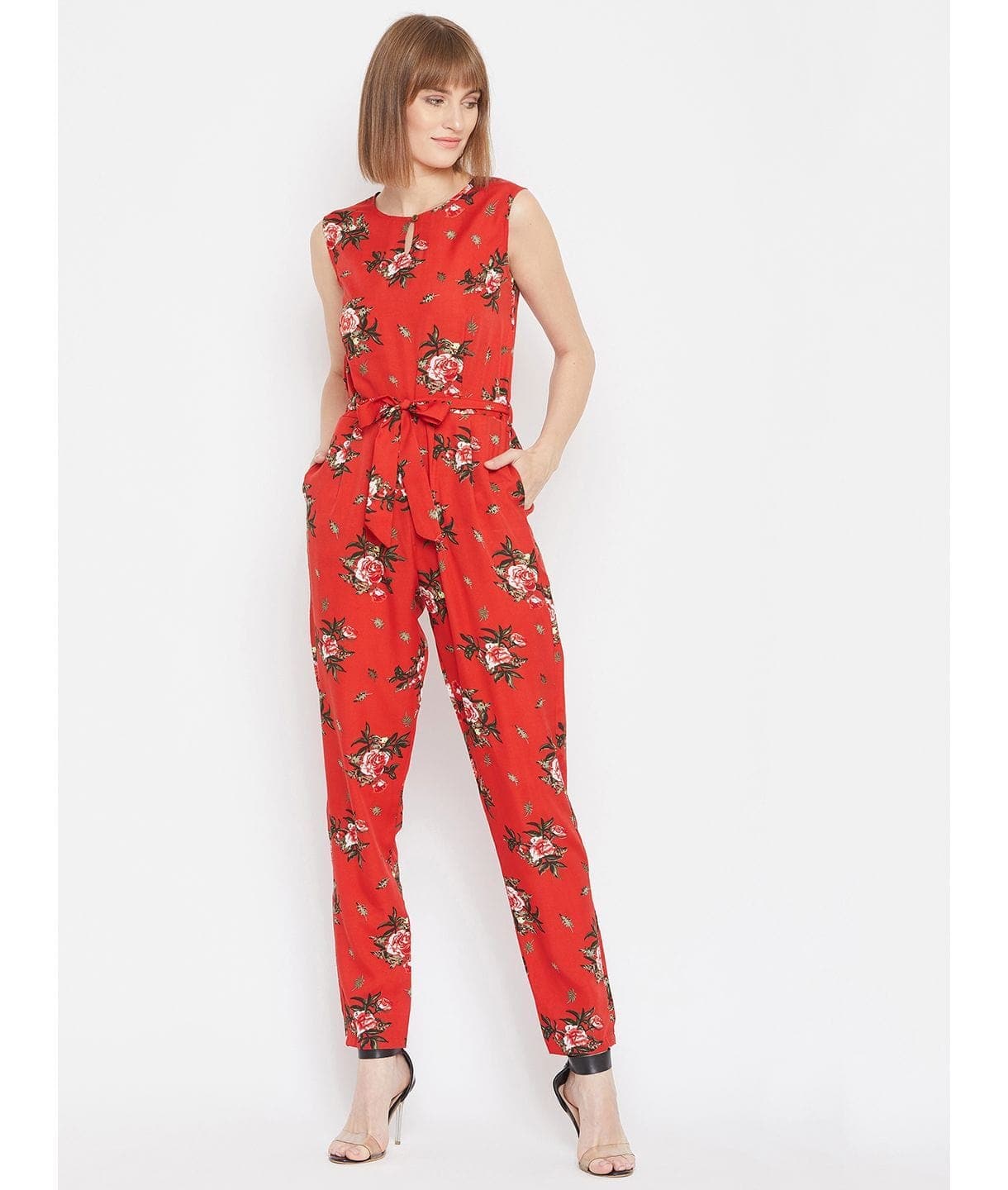 Floral Keyhole Jumpsuit with Belt - Uptownie