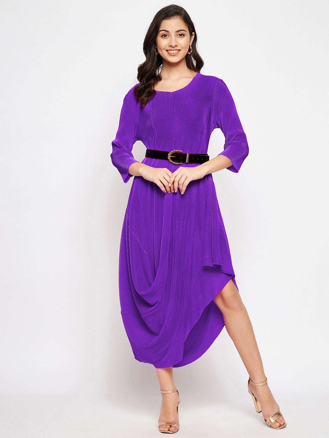 Pleated Cowl Cut Midi Dress - Uptownie
