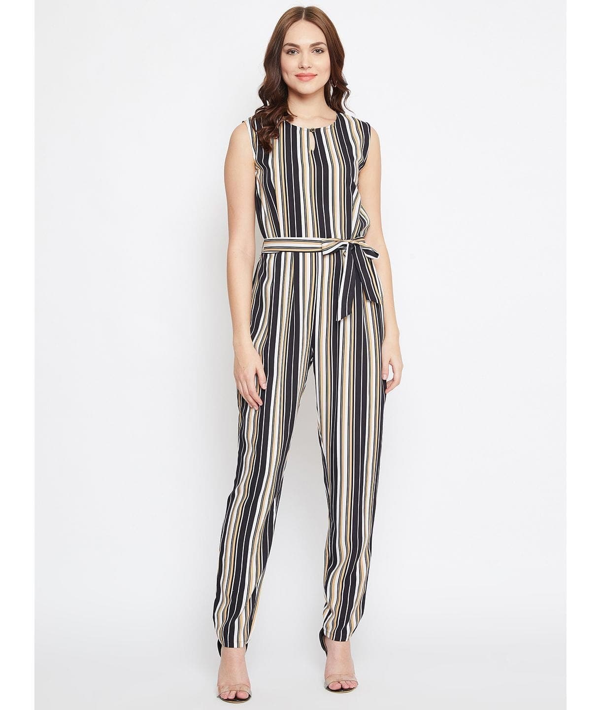 Striped Keyhole Jumpsuit with Belt - Uptownie