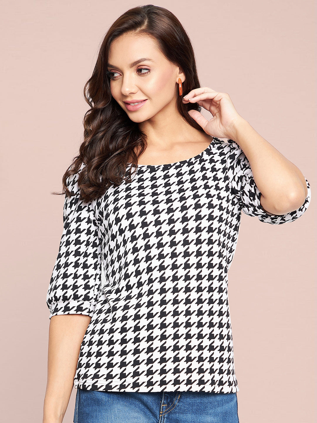 Cotton Geometric Stretchable Round Neck Puff Sleeve Top - Uptownie