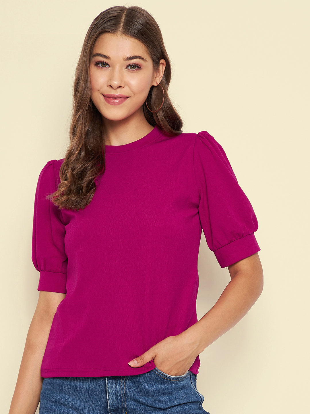 Cotton Solid Stretchable High Neck Puff Sleeve Top - Uptownie
