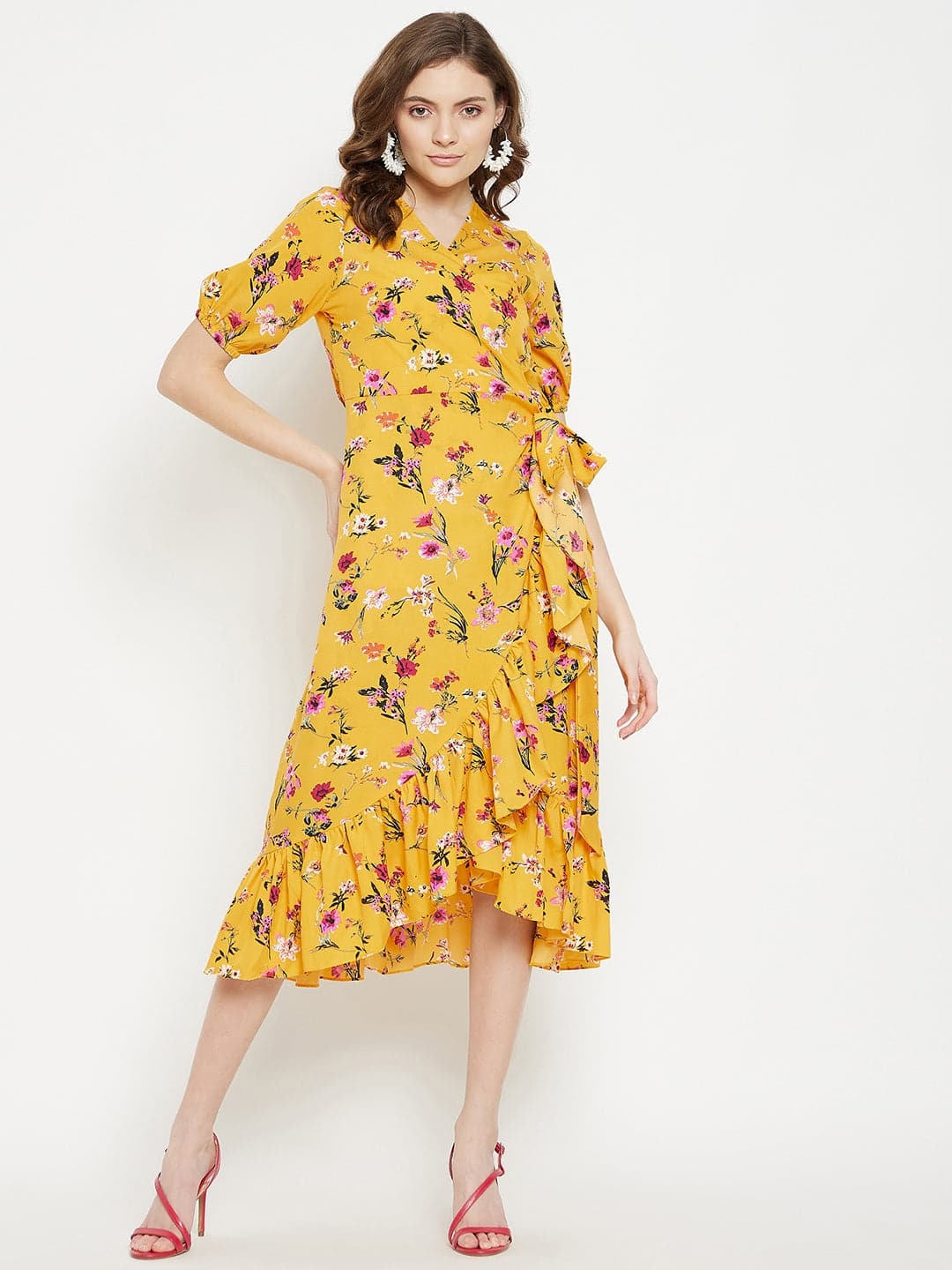 Floral Print Midi Wrap Dress