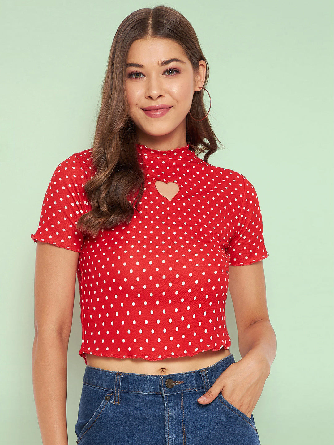 Cotton Stretchable High Neck Heart Cut-Out Top - Uptownie