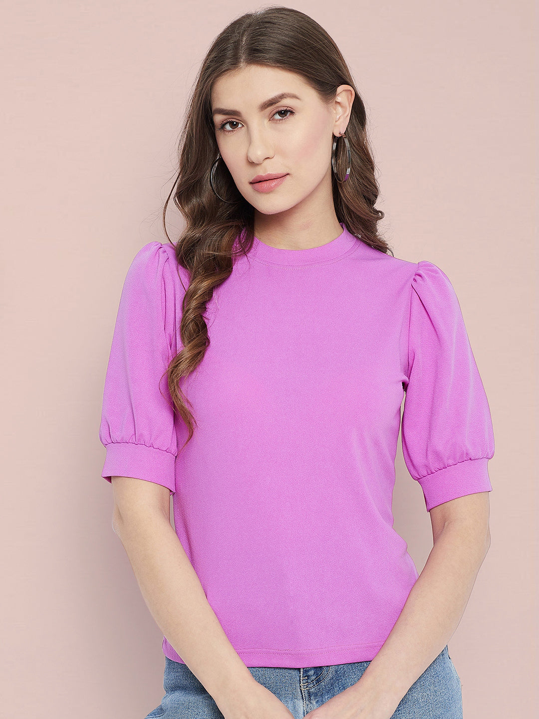 Cotton Solid Stretchable High Neck Puff Sleeve Top - Uptownie