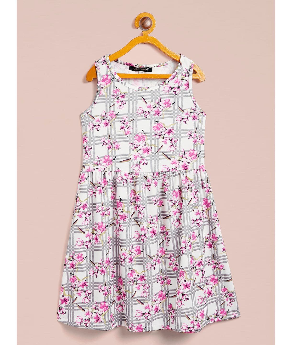 Check Floral Printed Sleeveless Dress for Girls - Uptownie