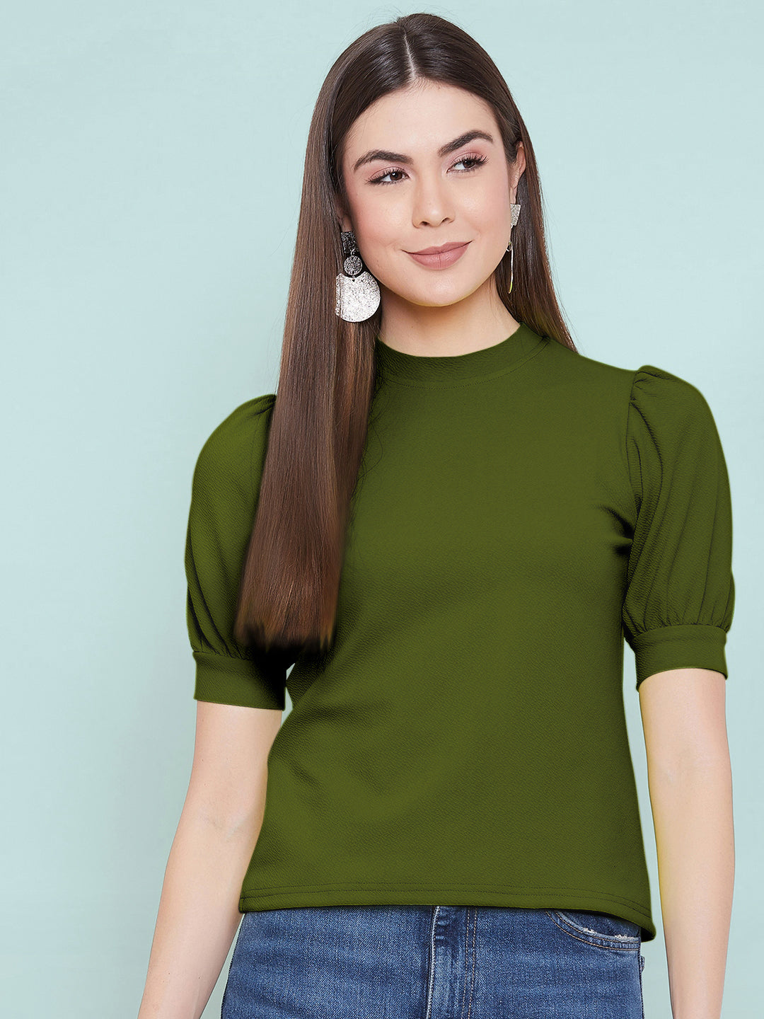 Cotton Solid Stretchable High Neck Puff Sleeve Top - Uptownie