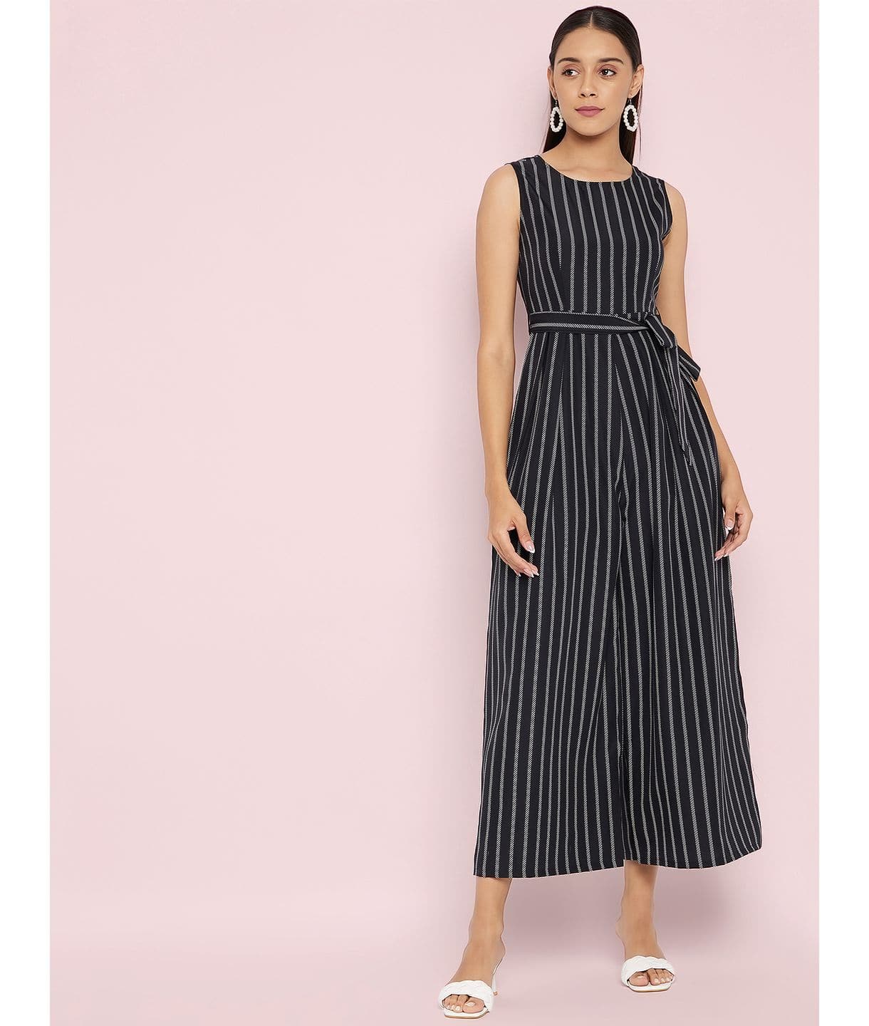 Waist-Tie Full Length Palazzo Jumpsuit - Uptownie