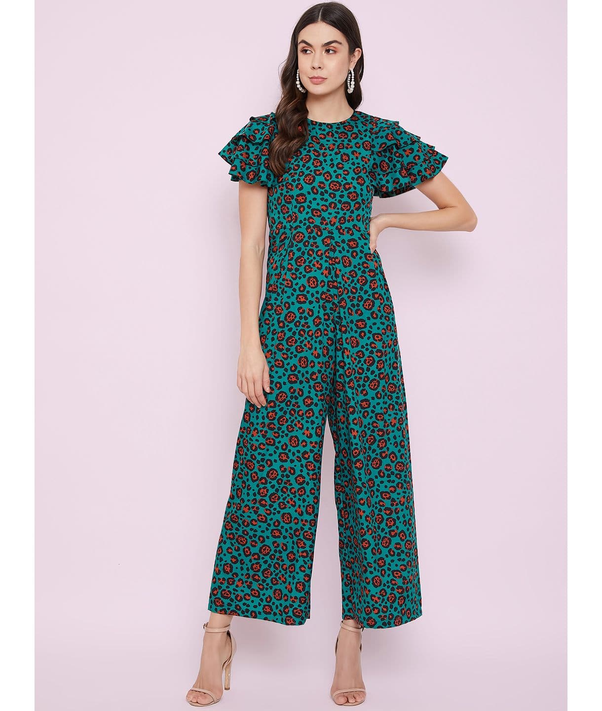 Plus Animal Print Ruffled Sleeve Jumpsuit - Uptownie