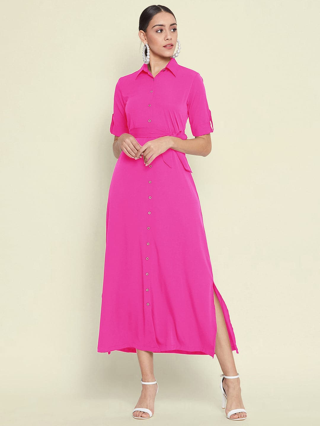 Collar Buttoned Down Shirt Maxi Dress - Uptownie