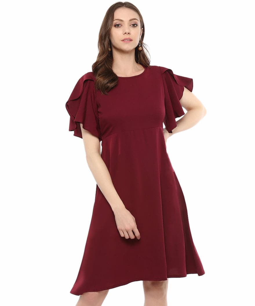 Plus Maroon Solid Ruffle Sleeves Fit and Flare Crepe Skater Dress - Uptownie