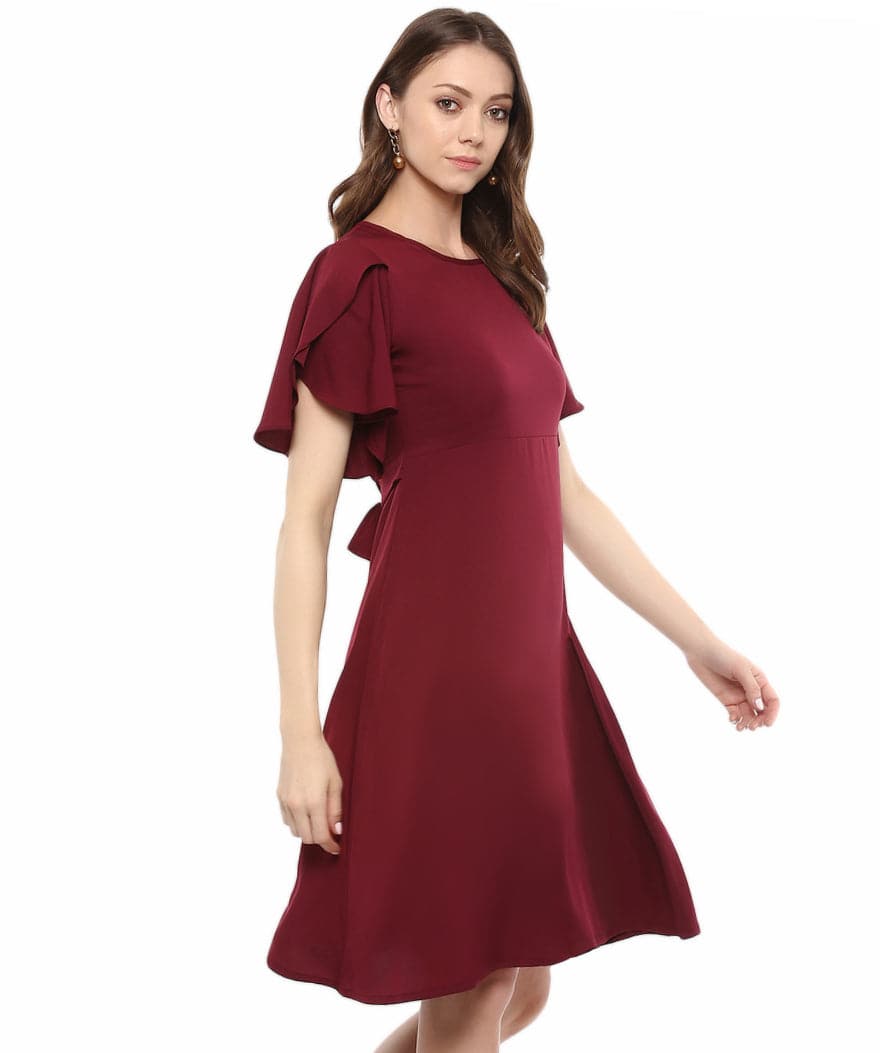 Plus Maroon Solid Ruffle Sleeves Fit and Flare Crepe Skater Dress - Uptownie