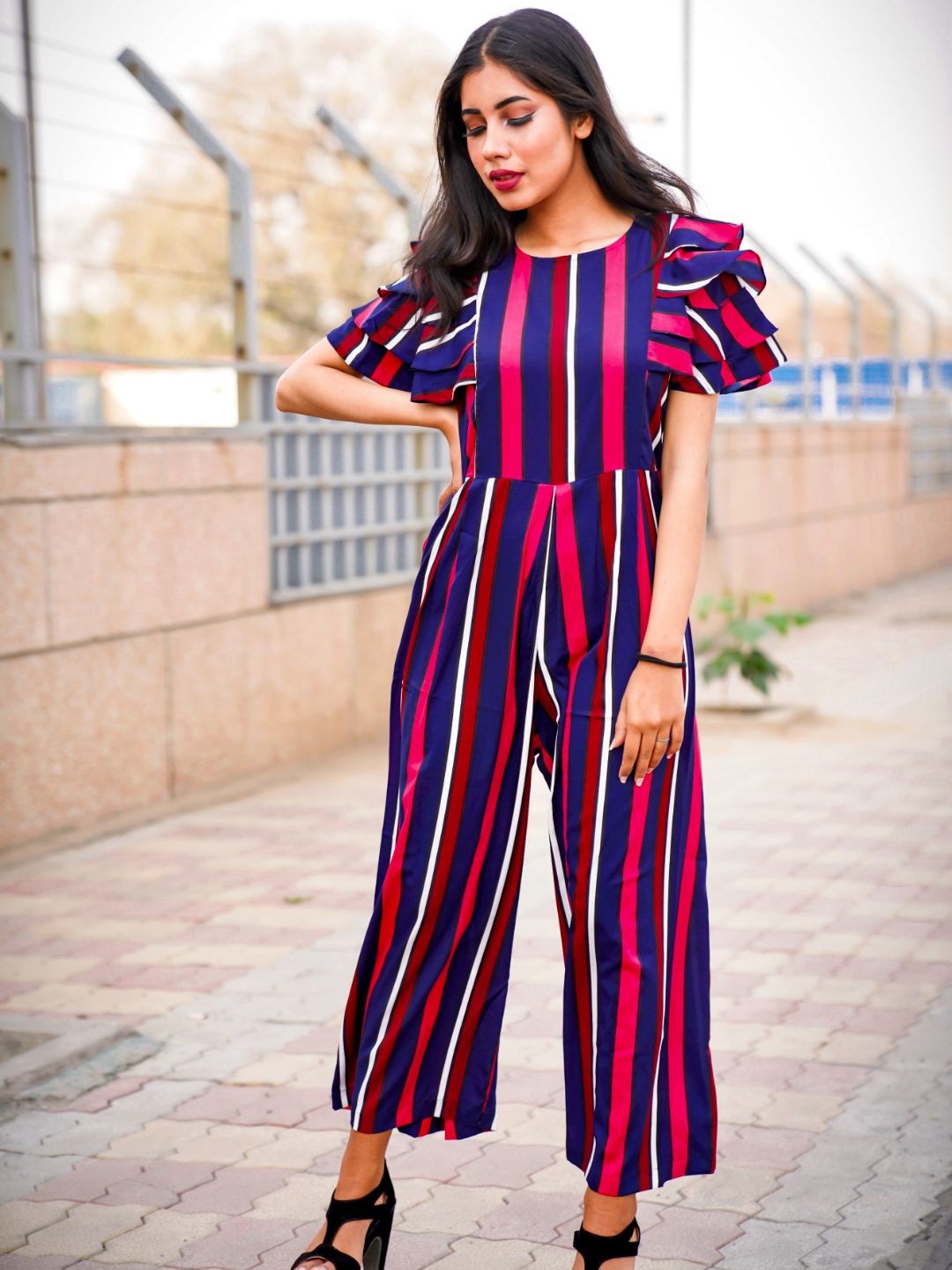 Striped Maxi Jumpsuit With Ruffled Sleeves - Uptownie