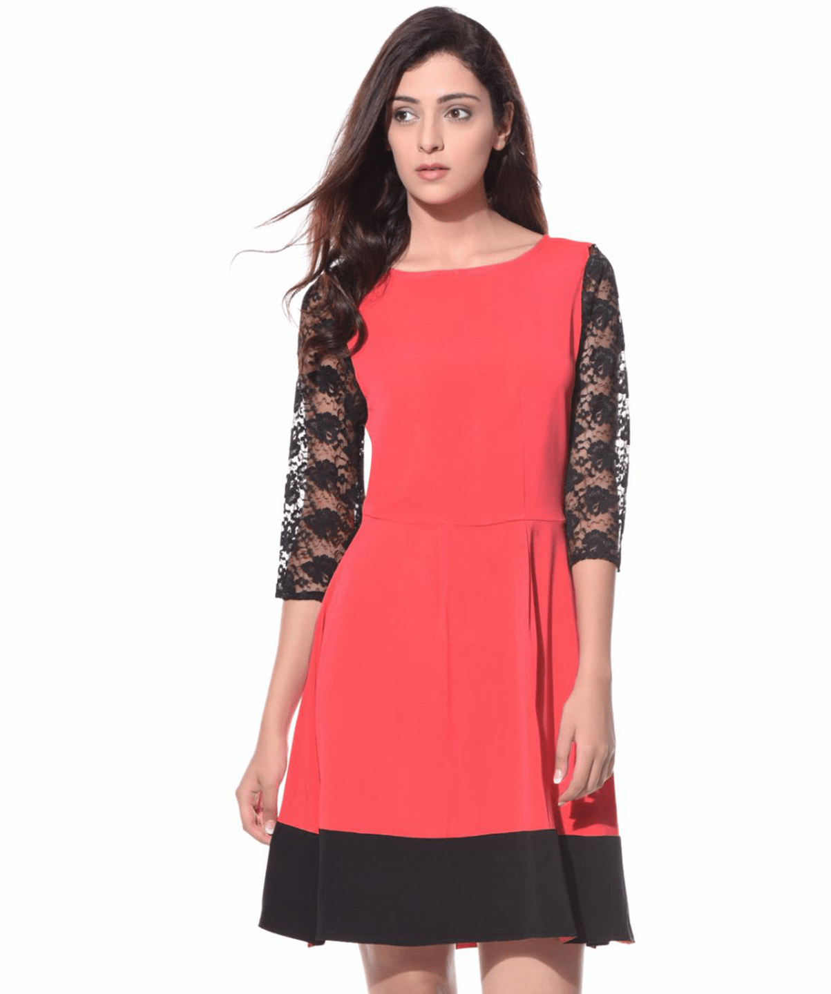 Solid Coral & Black Lace Dress - Uptownie