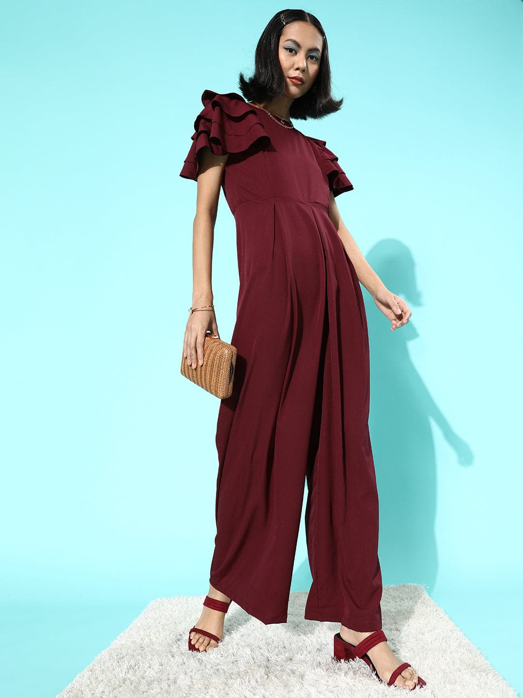Full Length Ruffled Sleeve Jumpsuit - Uptownie