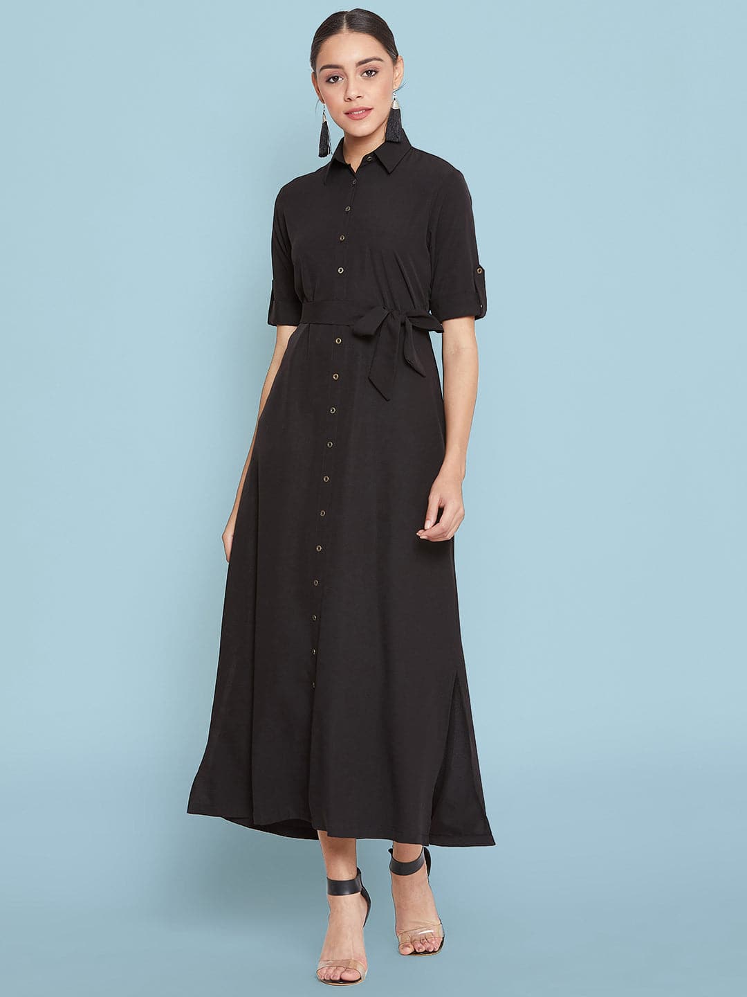 Collar Buttoned Down Shirt Maxi Dress - Uptownie
