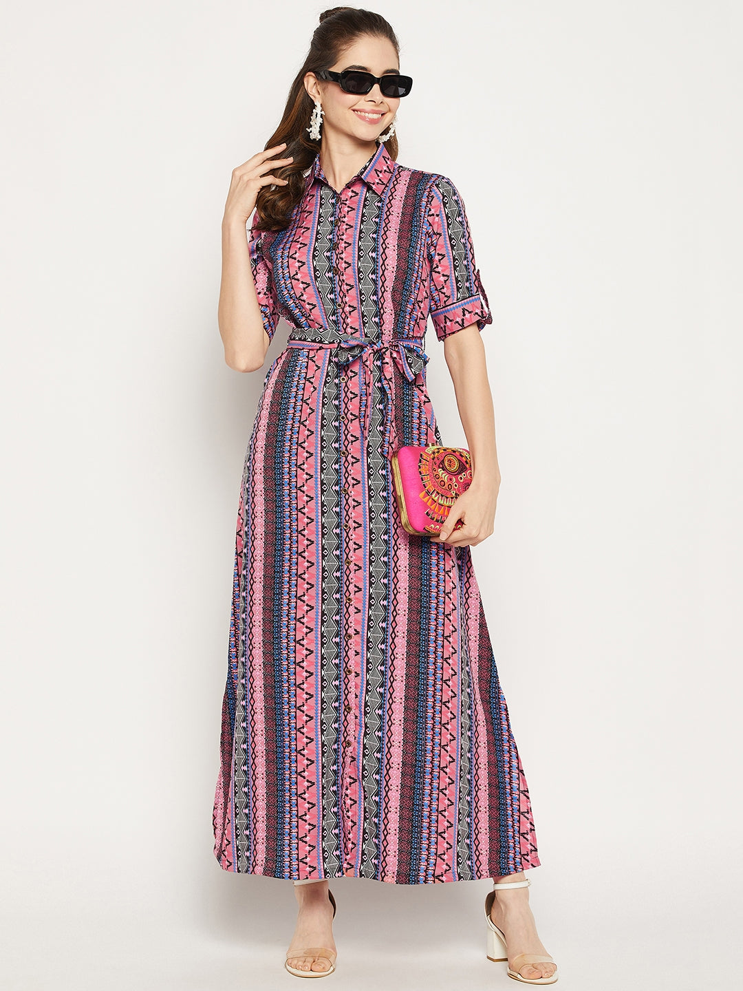 Collar Buttoned Down Shirt Maxi Dress - Uptownie