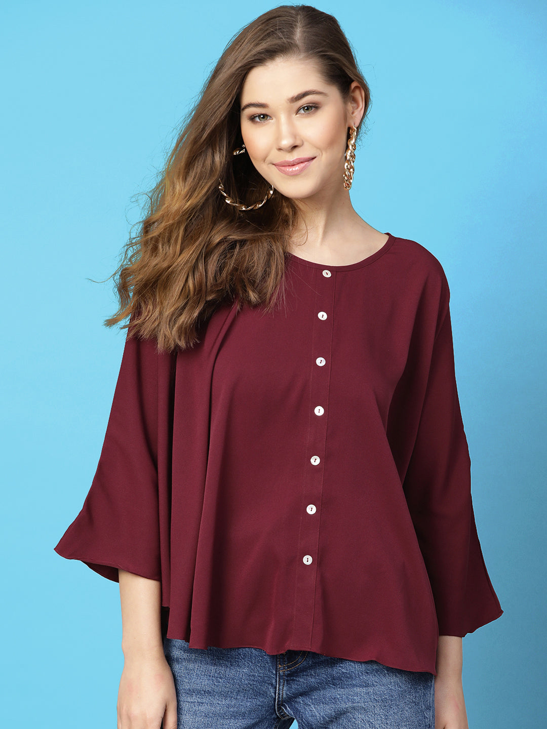 Maroon Buttoned Crepe Cape Top - Uptownie