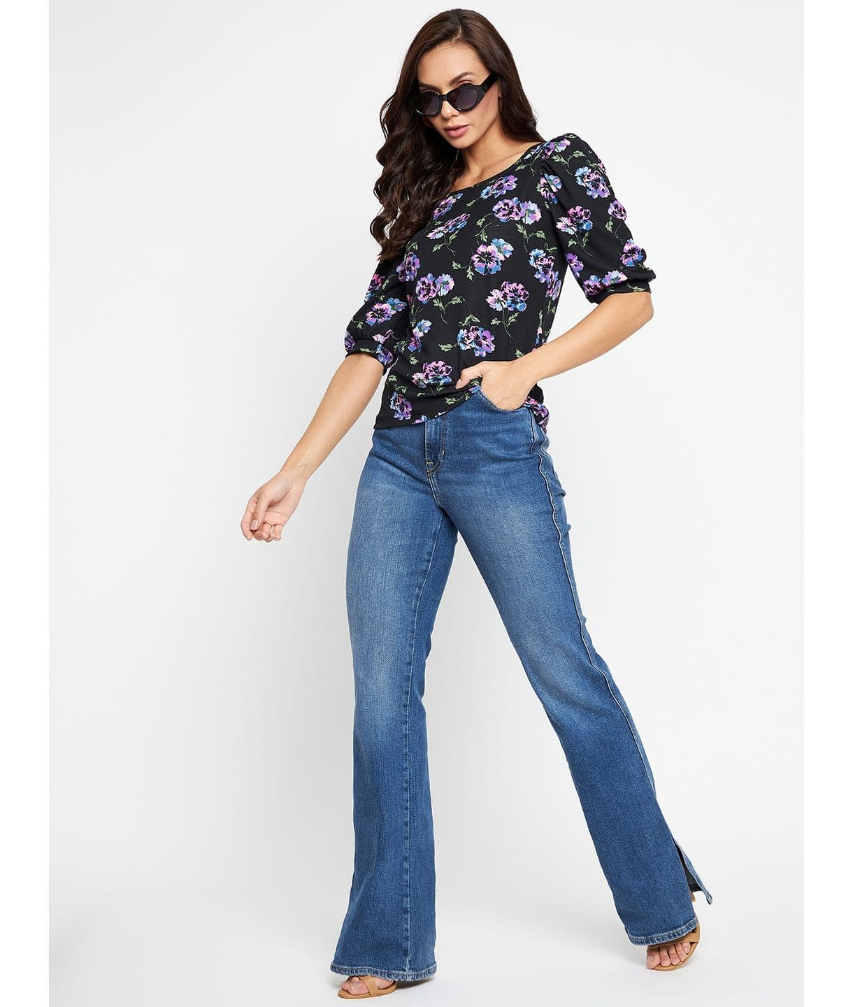 Cotton Floral Printed Stretchable Puff Sleeve Top - Uptownie