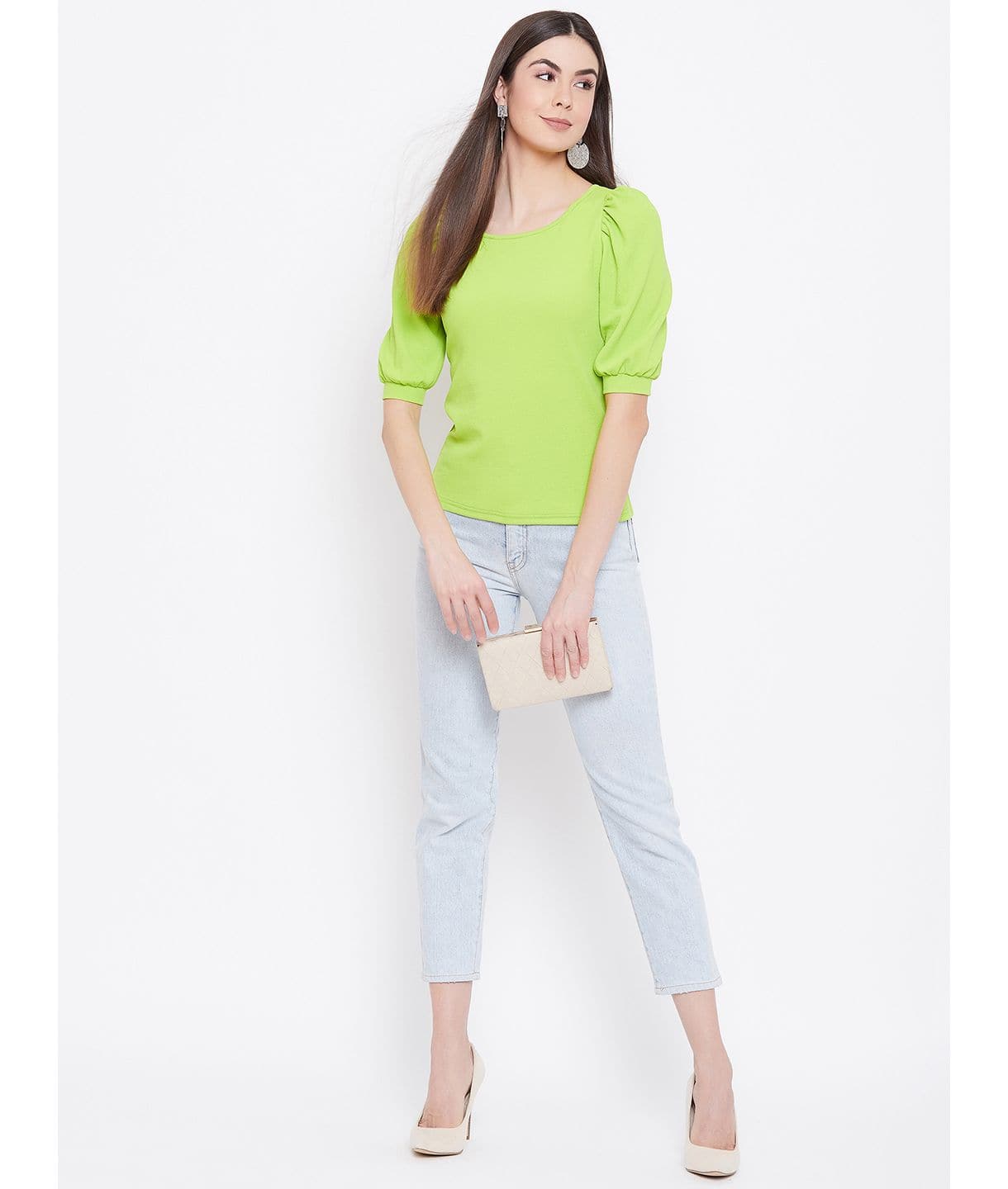 Plus Cotton Solid Stretchable Puff Sleeve Top - Uptownie