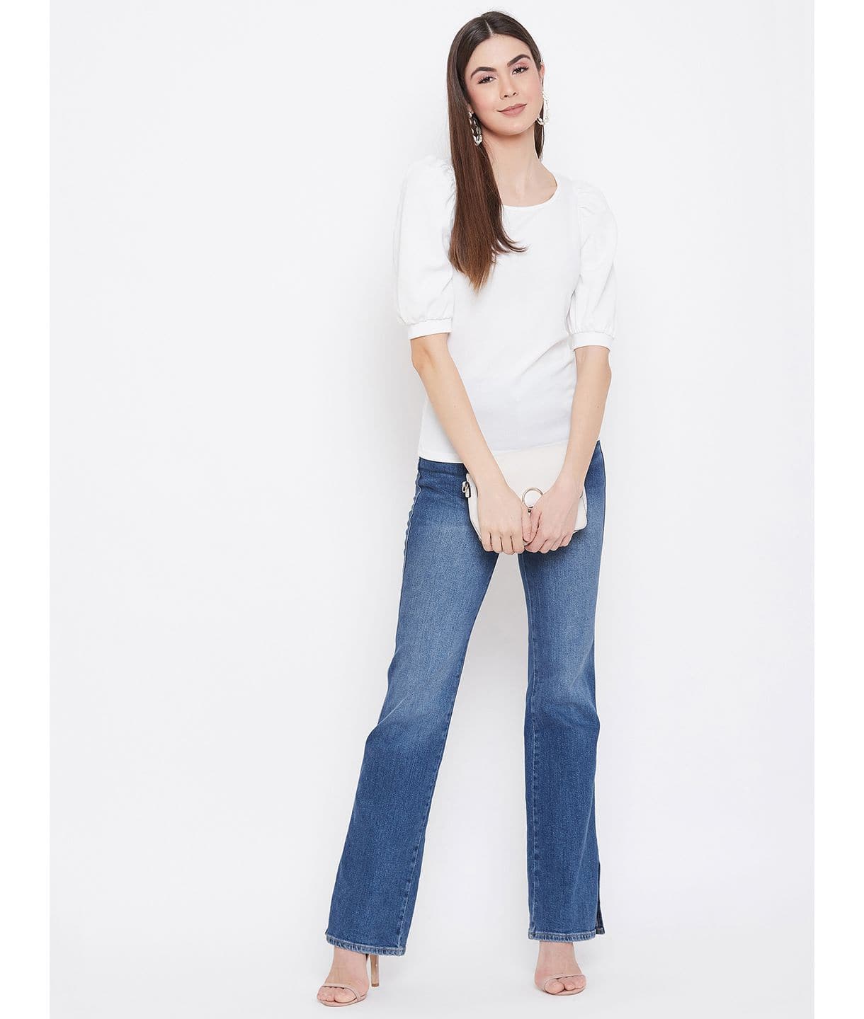 Plus Cotton Solid Stretchable Puff Sleeve Top - Uptownie