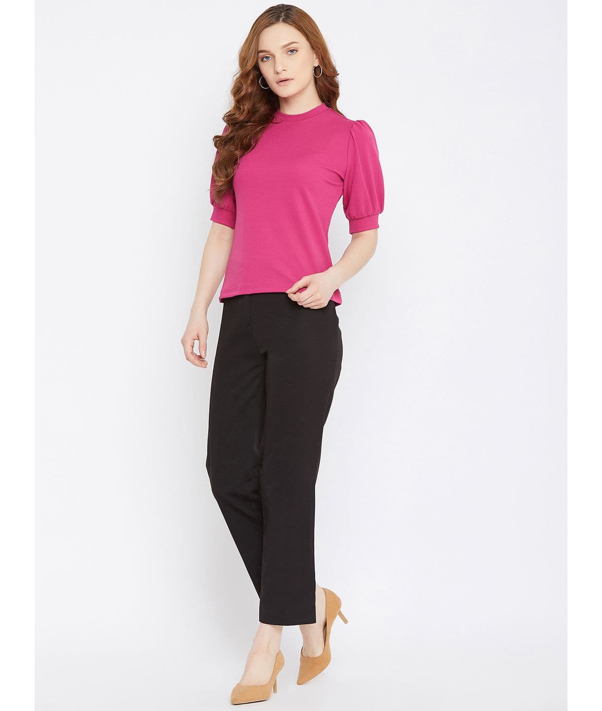 Plus Cotton Solid Stretchable Puff Sleeve Top - Uptownie