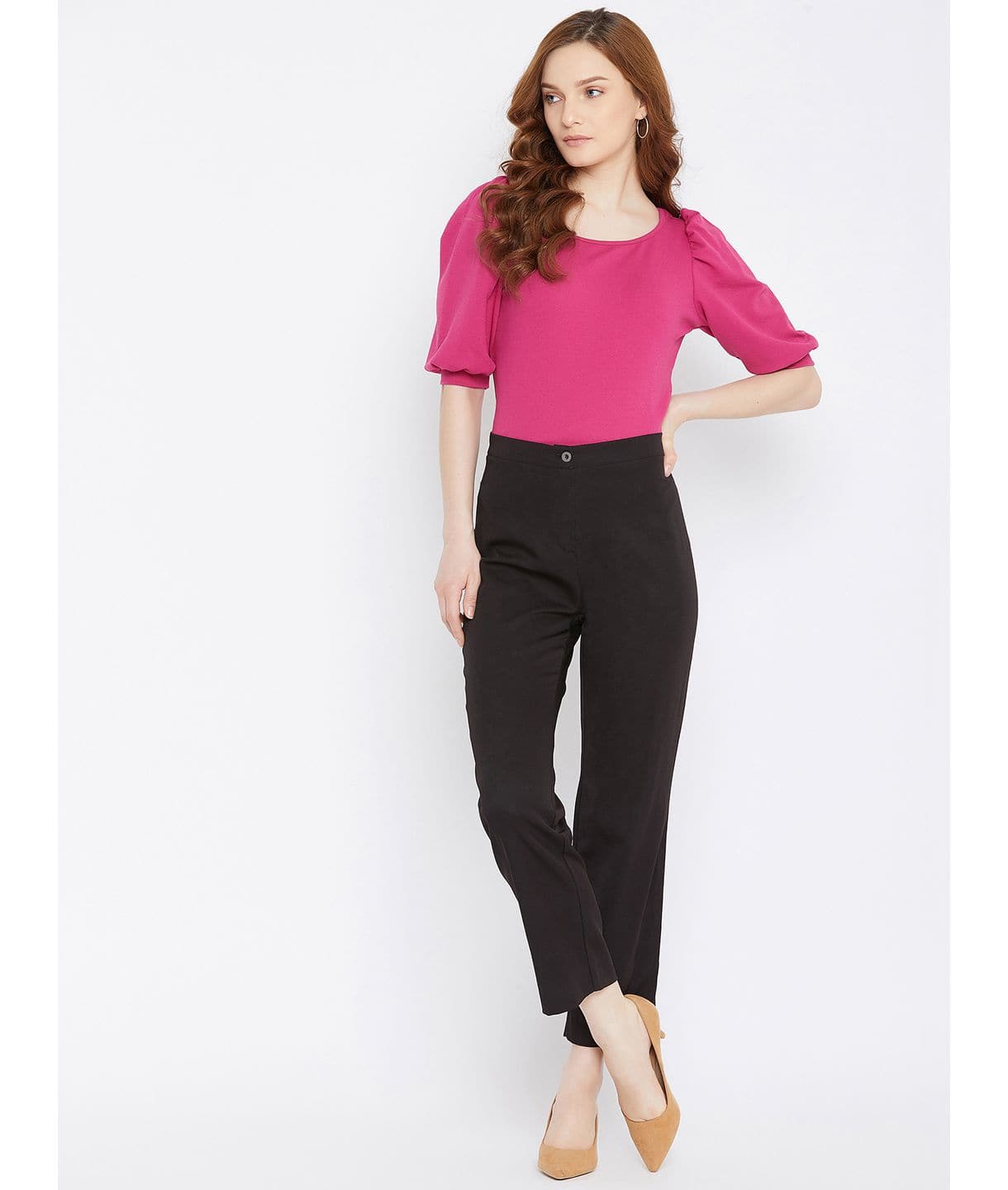 Cotton Solid Stretchable Round Neck Puff Sleeve Top - Uptownie