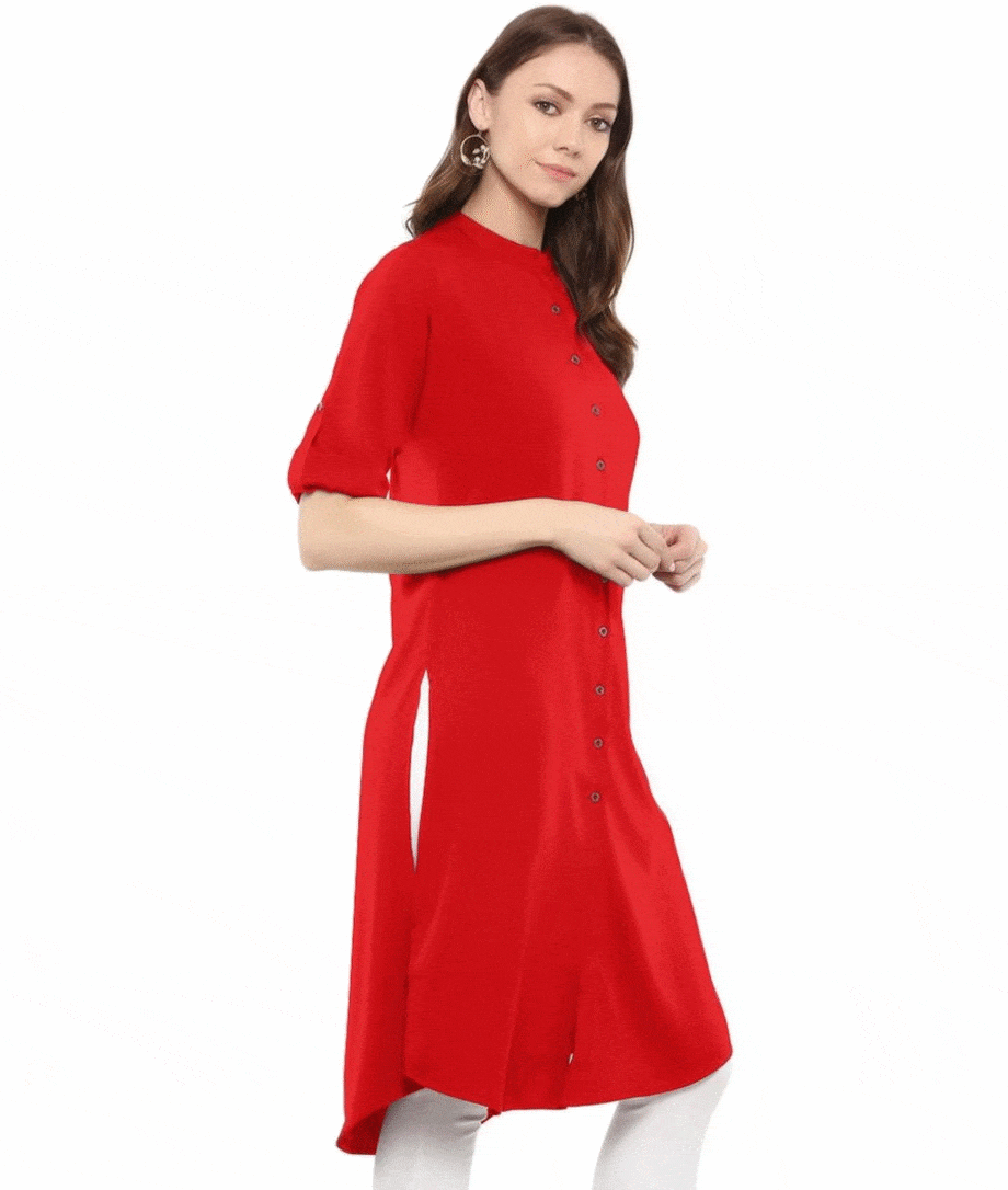 Solid Red Roll-Up Sleeves Crepe Kurti - Uptownie