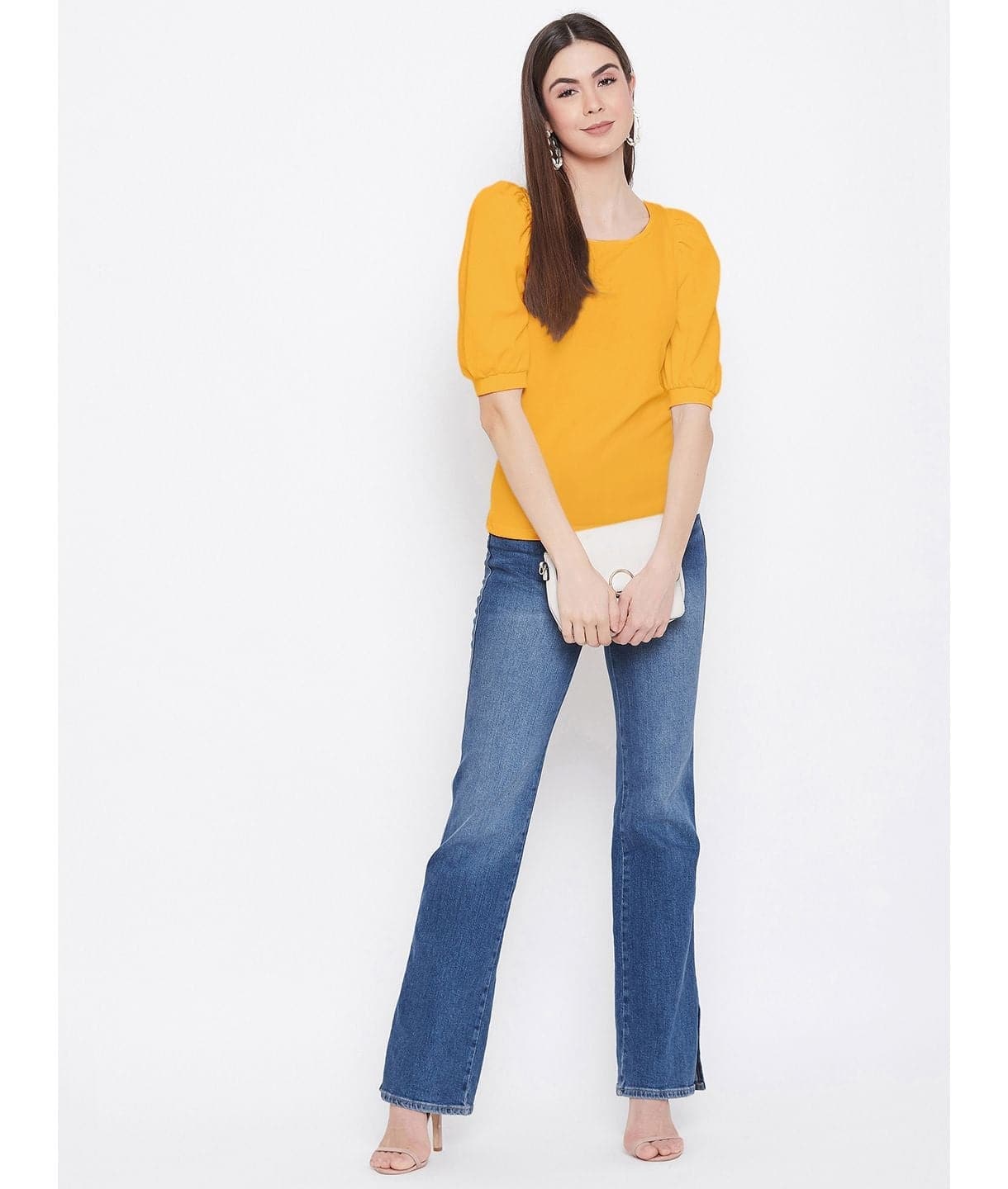 Cotton Solid Stretchable Round Neck Puff Sleeve Top - Uptownie