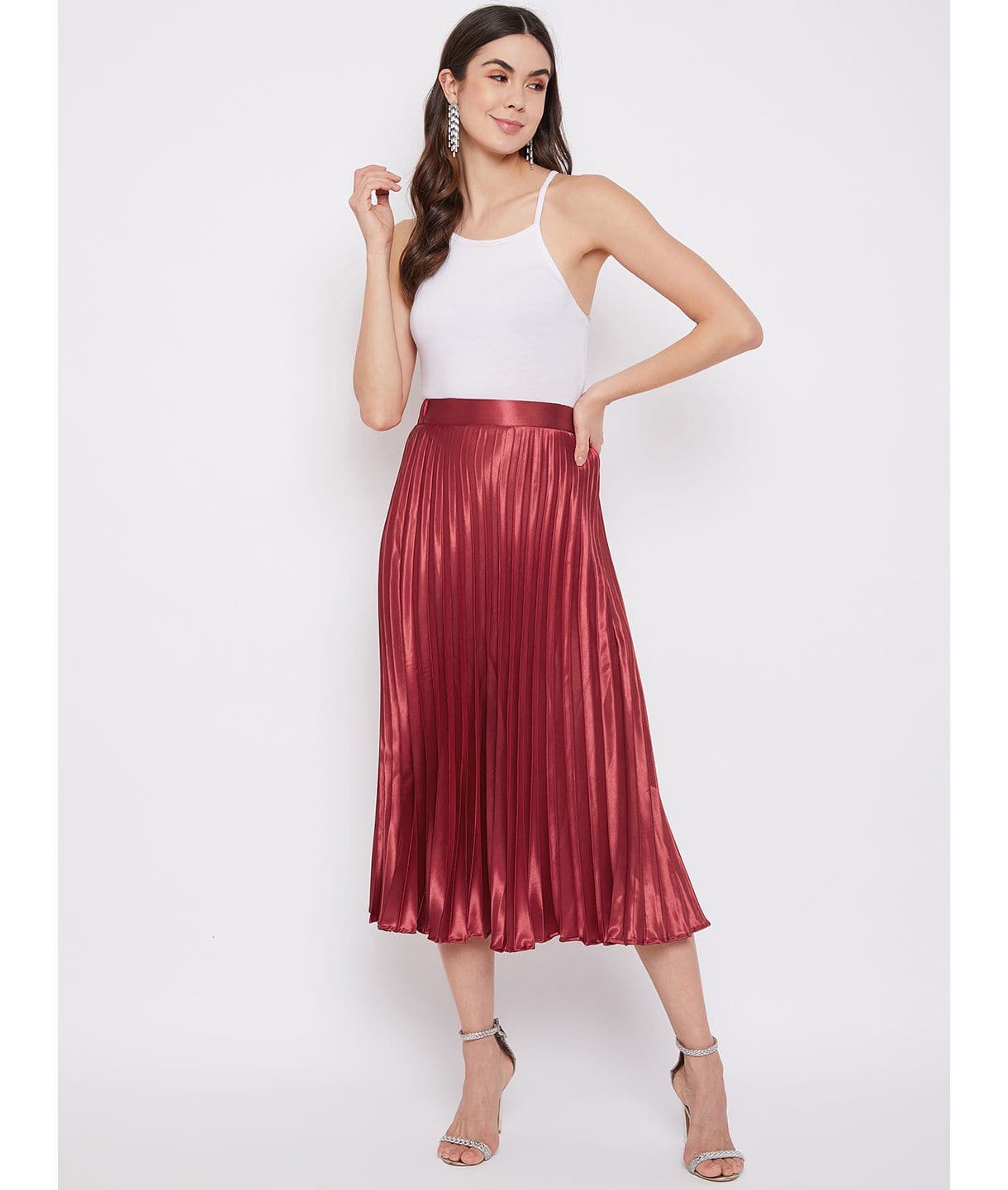 Plus Pleated Satin Midi Skirt - Uptownie