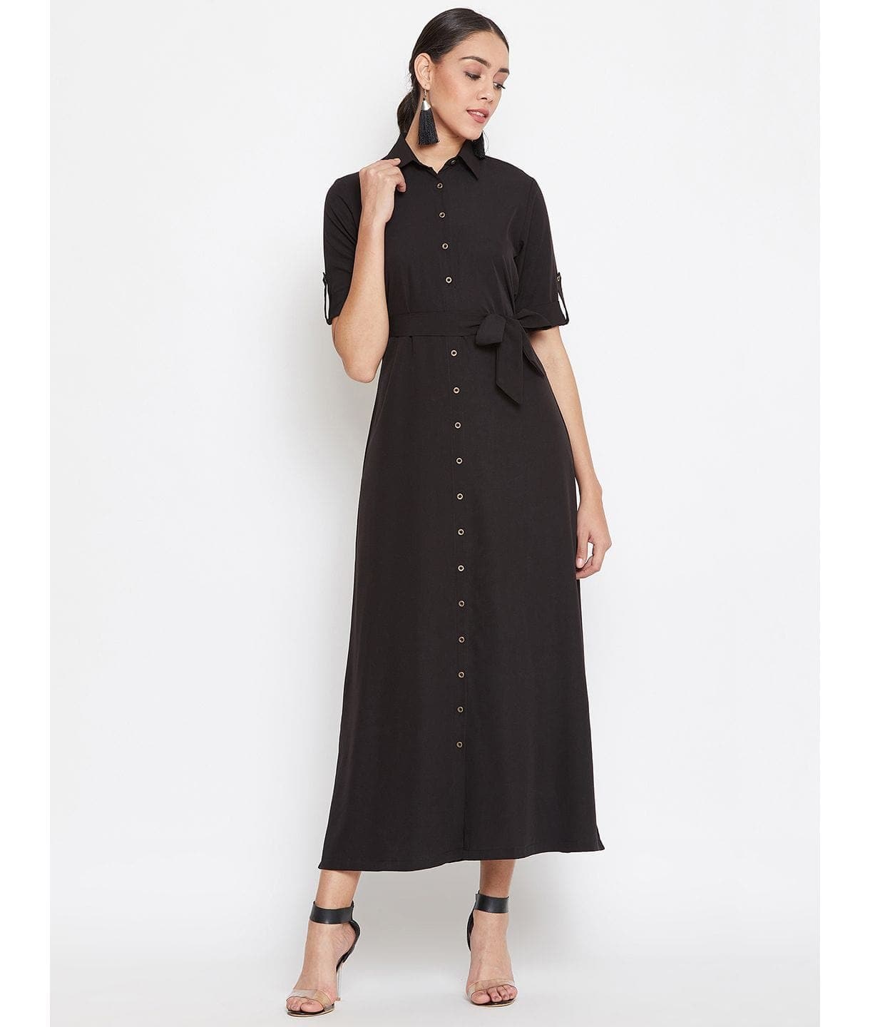 Plus Black Solid Crepe Collar Buttoned Down Shirt Maxi Dress - Uptownie