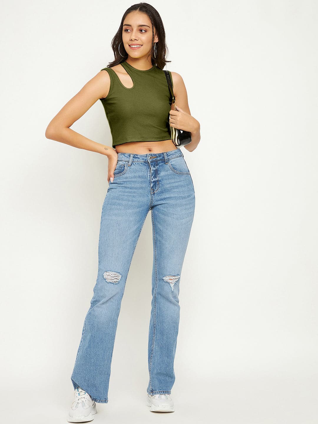 Cotton Stretchable Shoulder Cutout Crop Top - Uptownie