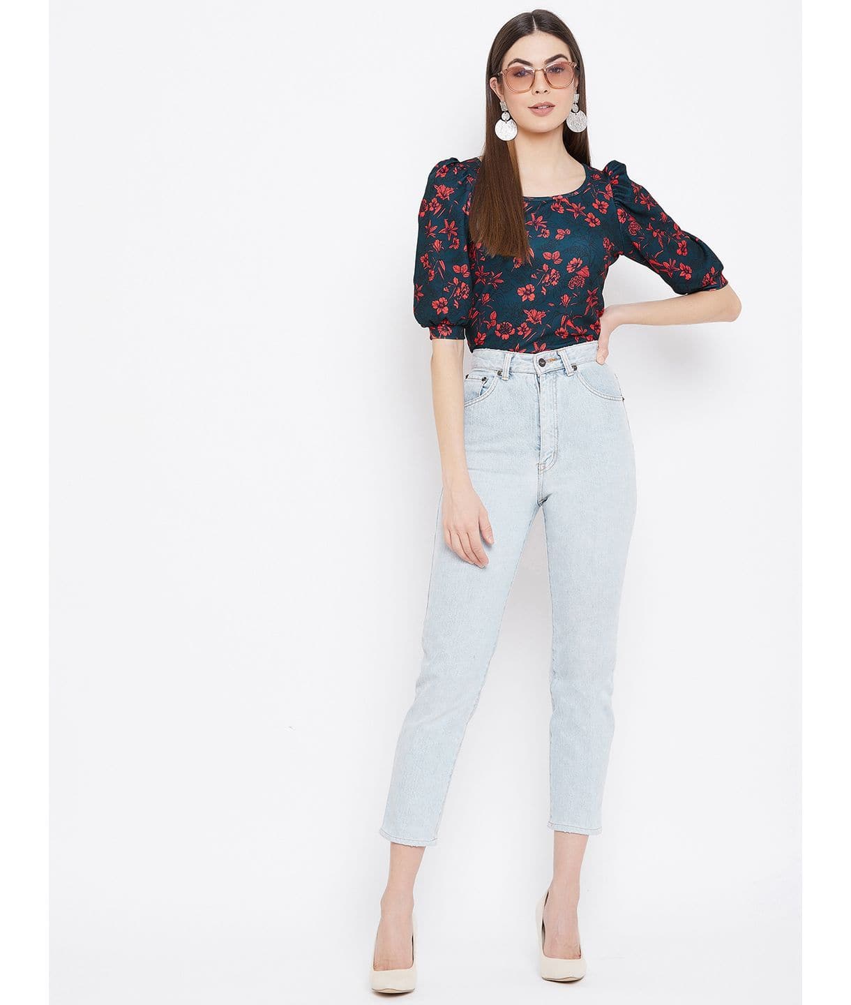 Plus Cotton Floral Stretchable Puff Sleeve Top - Uptownie