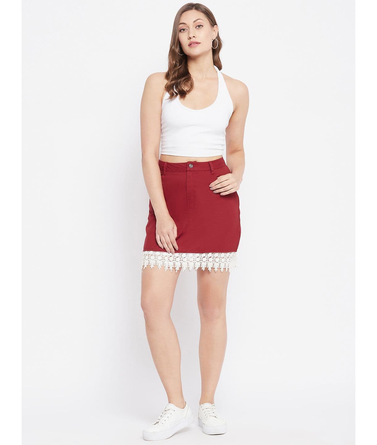 Stretchable Knee length Lace Denim Skirt - Uptownie