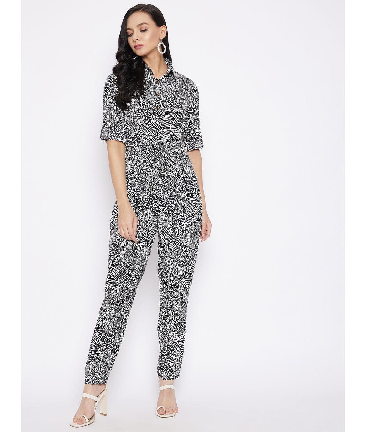 Animal Print Roll Up Jumpsuit - Uptownie