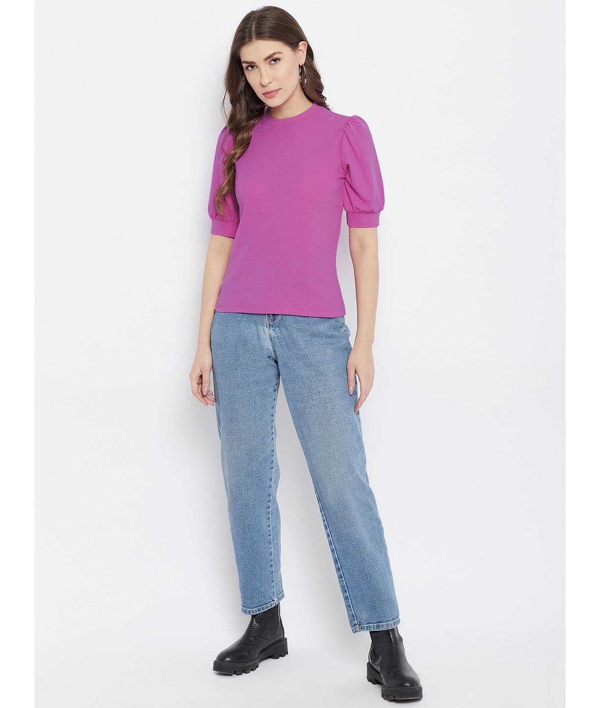 Cotton Solid Stretchable High Neck Puff Sleeve Top - Uptownie