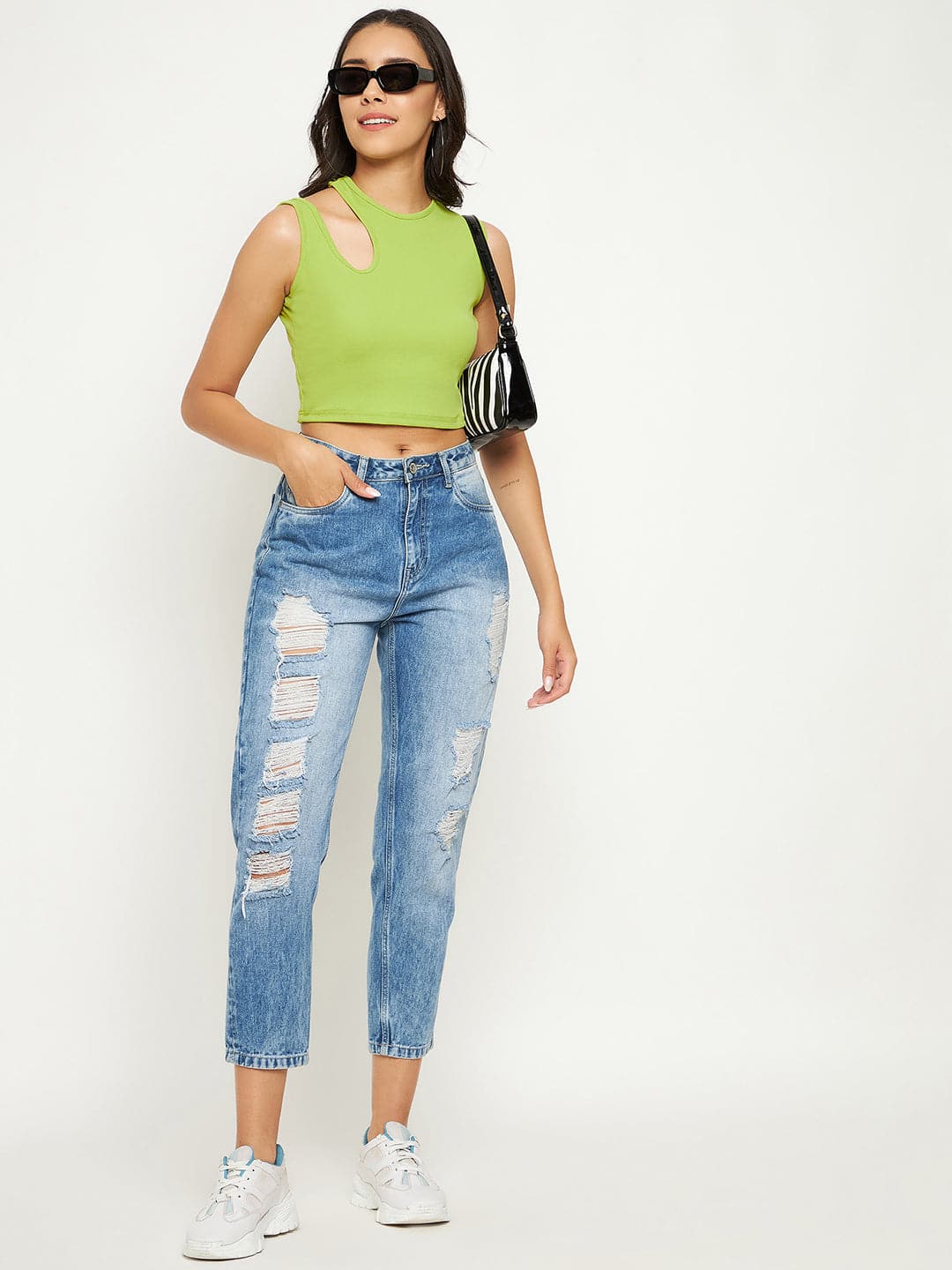 Cotton Stretchable Shoulder Cutout Crop Top - Uptownie