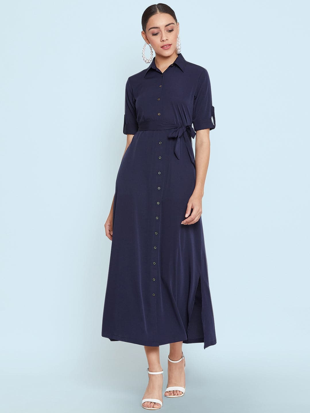 Collar Buttoned Down Shirt Maxi Dress - Uptownie
