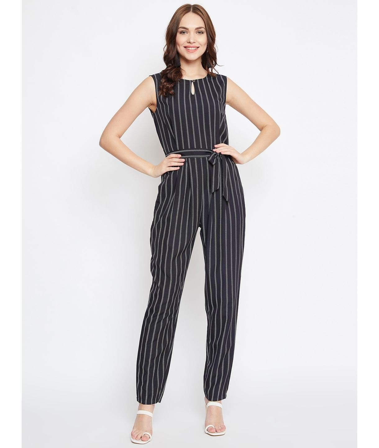 Striped Keyhole Jumpsuit with Belt - Uptownie