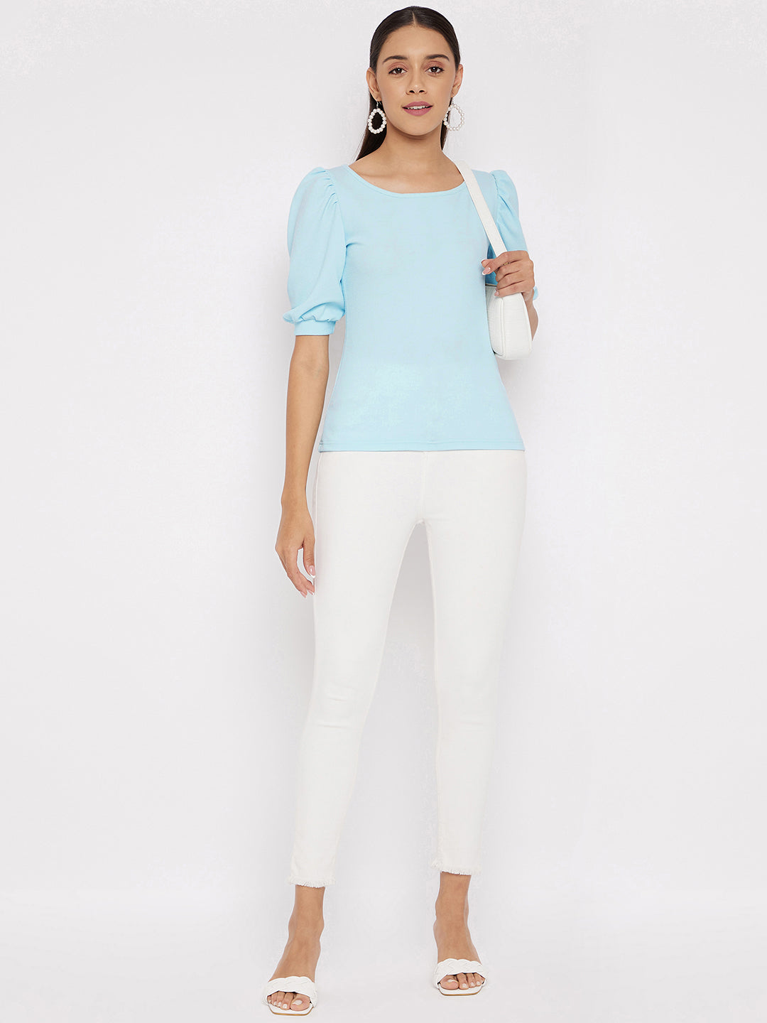Cotton Solid Stretchable Round Neck Puff Sleeve Top - Uptownie