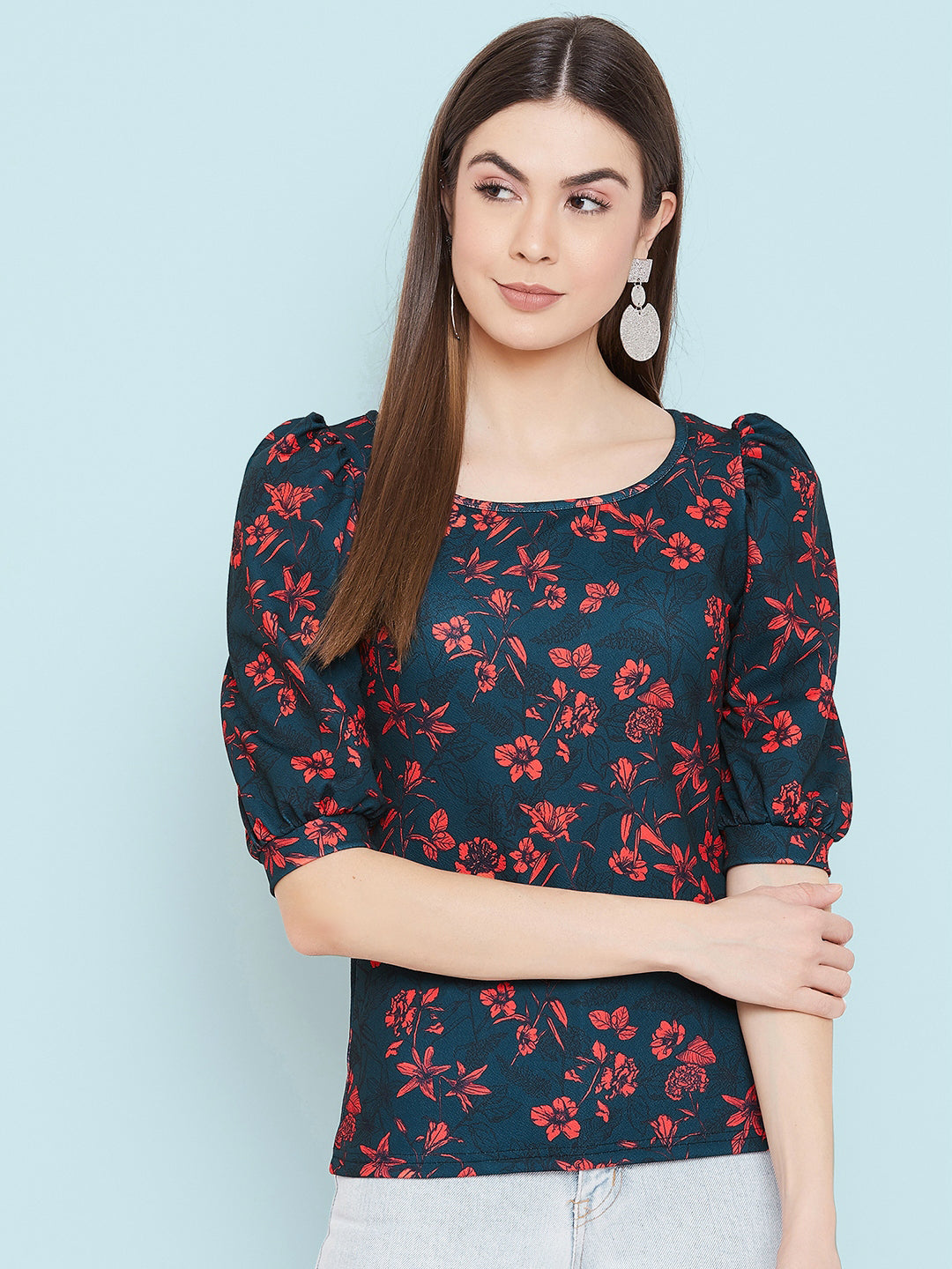 Cotton Floral Stretchable Puff Sleeve Top - Uptownie